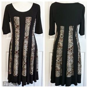Connected Apparel Black Paneled Print Fit & Flare Midi Dress 12